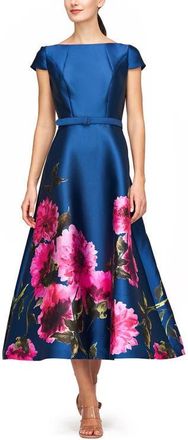Kay Unger Ina Belted Cocktail Dress in Dark Ink/French Rose at Nordstrom, Size 10