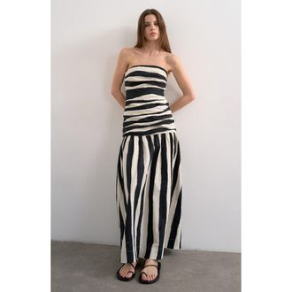 Topshop Stripe Bandeau Fit & Flare Dress in Black at Nordstrom, Size 10 Us