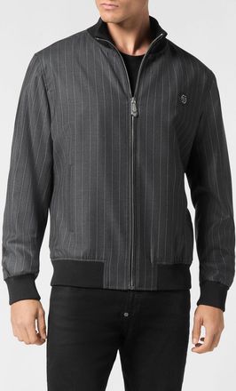 Philipp Plein Pinstripe Virgin Wool Varsity Bomber Jacket with Hexagon Logo