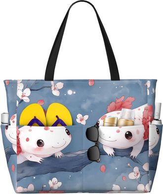 Generic Cute Axolotl Print Large Beach Bag Foldable Travel Shoulder Tote Bag With Pocket For Weekender Pool Vacation
