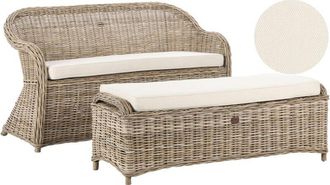 Beliani Banco Boho 141 Cm Con Otomana Para Jard&iacute;n Interior Y Exterior Rat&aacute;n Cojines De Tela Blanco Crema Natural Susua