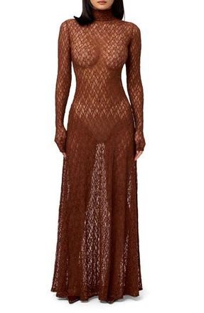 Naked Wardrobe Floral Long Sleeve Stretch Lace Turtleneck Maxi Dress in Brown Sugar at Nordstrom Rack, Size X-Small