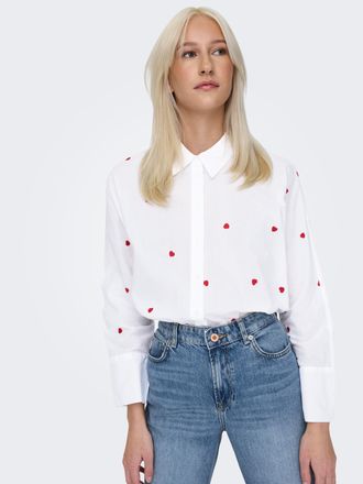 Only Hemdbluse ONLY ONLNEW LINA GRACE LS EMB SHIRT NOOS WVN, Damen, Gr. L, weiss (hellwei&szlig; aop:heart), Web, Obermaterial: 100% Baumwolle, bedruckt, Po-bede