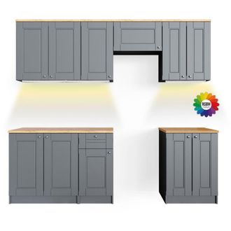 Vicco Cucina componibile Bergamo, Grigio, 240 cm, pl Goldkraft con striscia led