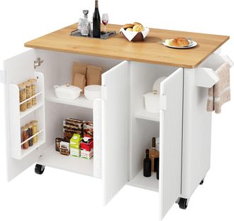 STILVORA Carro De Cocina Con 3 Puertas, Estantes Ajustables, Toallero, Especiero, Ruedas, En Mdf, 130 X 45 X 92 Cm, Blanco
