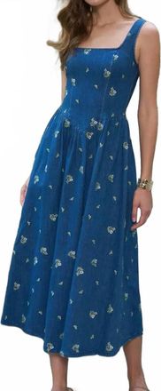 Moon River Floral Embroidered Corset Detail Midi Dress In Indigo
