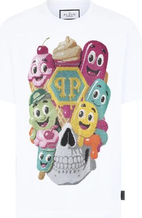 Philipp Plein Round Neck T-Shirt Little Ice Cream Skull - Heren - T-shirts - Wit - 3XL - Katoen - Tops