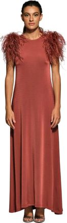 Moskada Bruine Zijden Veer Detail Jurk - Dames - Maxi kleedjes - Bruin - XL - Kleedjes