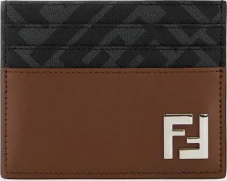Fendi Portacarte piatto in pelle e tessuto con motivo monogram FF