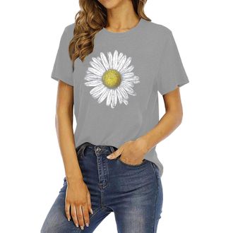 Generic Women Tops Short Sleeve Crew Neck Daisy Graphic Tee Cute Summer T Shirts(Grey, S) ropa de Mujer Tallas Grandes