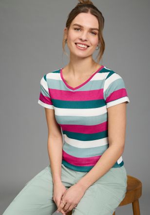 Kangaroos T-Shirt KANGAROOS, Damen, Gr. 32/34, petrol, fuchsia, Rippware, Obermaterial: 100% Baumwolle, figurbetont h&uuml;ftlang, V-Ausschnitt, mit Aufschlag, Shirt