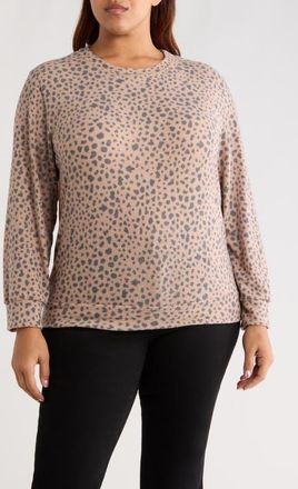 Loveappella Brushed Animal Print Long Sleeve Crewneck Top in Blush/Charcoal at Nordstrom, Size 3 X