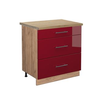 Vicco Mueble Bajo De Cocina Fame-line, Rojo Burdeos Alto Brillo, 80 Cm Con 3 Cajones, Et Roble