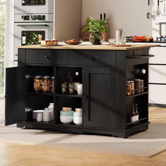 Merax Mobile Kitchen Island Trolley with 2 Drawers, Spice Rack & Towel Rail in Black