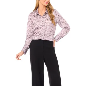Halogen Petal Vine Print Charmeuse Button-Up Shirt in Cement at Nordstrom Rack, Size X-Large P