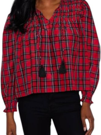 Sail to Sable Long Sleeve Tassel Front Blouse In Red Tartan