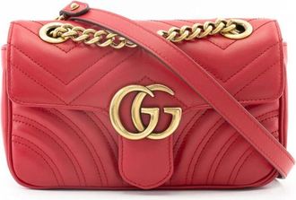Gucci Gestructureerde GG Marmont Schoudertas - Dames - Schoudertassen - Rood - ONE Size - Leer - Tassen