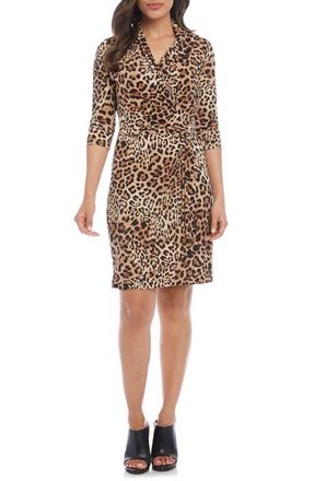 Karen Kane Long Sleeve Cascade Faux Wrap Dress in Leopard at Nordstrom, Size Large