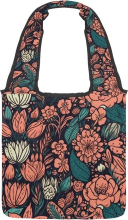 Generic Retro Flowers Pattern Reversible Canvas Shoulder Tote - Double-Sided Print, 12oz Cotton, 27cm Drop, Fold-Flat Bag for Travel, Shopping, Street Outings