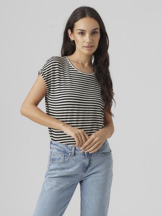 Vero Moda Rundhalsshirt VERO MODA VMAVA PLAIN SS TOP STRIPE GA JRS NOOS, Damen, Gr. XS, schwarz (schwarz stripes), Jersey, Obermaterial: 95% Lyocell (TENCEL), 5
