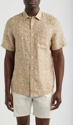 Nordstrom Shadows Short Sleeve Linen Button Front Shirt in Tan Floral Shadows at Nordstrom, Size Xxx-Large