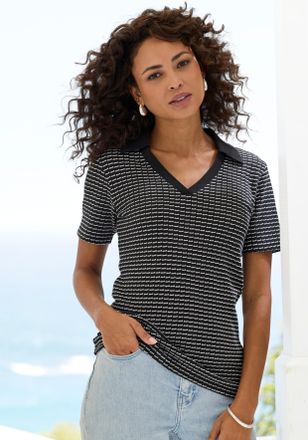 Vivance Poloshirt VIVANCE aus strukturierter Strickqualit&auml;t, Damen, Gr. 32/34, schwarz, creme, Strick, Obermaterial: 75% Baumwolle, 25% Polyester, gemustert, 