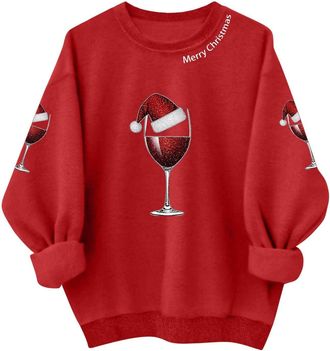 Generic Christmas Jumpers for Women Funny Graphic Reindeer Santa Xmas Jumper Sweatshirt Crew Neck Long Sleeve Pullover Blouse Tops Loose Fit Fleece Tops S-XXL