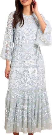 Needle & Thread Snowdrop 3/4 Sleeve Crew Neck Ankle Gown in French Blue at Nordstrom, Size 16