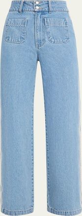 Veronica Beard Taylor Embroidered Patch-Pocket Straight-Leg Jeans