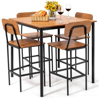 Costway Costway 5PCS Industrial Dining Table Set Kitchen Bar Counter Height Table & 4 Stools in Brown