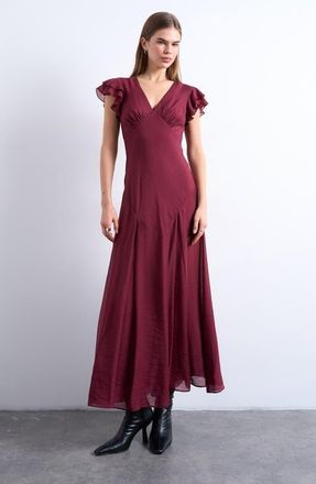 Topshop Flutter Sleeve Georgette Midi Dress in Red at Nordstrom, Size 10 Us