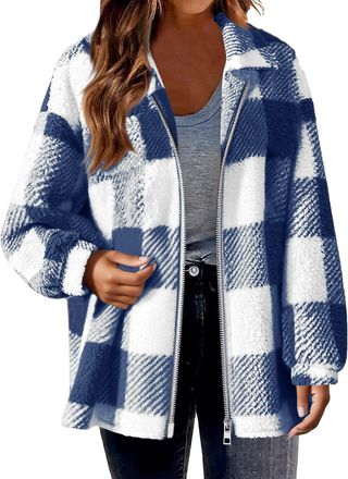 Generic Womens Fleece Jacket Checked Full Zip Lapel Fuzzy Coat Ladies Plaid Shacket Outerwear(Blue, XL)