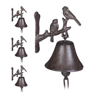 Relaxdays 4 Campanas Hierro Fundido Puerta, P&aacute;jaros De Adorno, Estilo R&uacute;stico, Sonido Fuerte, Campanas Pared, Resistentes, Marr&oacute;n