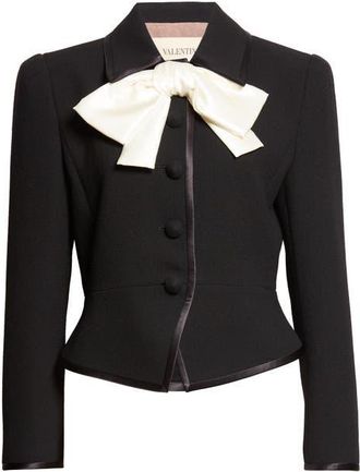 Valentino Bow Front Virgin Wool Crepe Crop Jacket in Black at Nordstrom, Size 6 Us