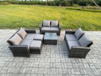 Fimous Outdoor Lounge Sofa Set Wicker PE Rattan Garden Furniture Set with Square Coffee Table Double Seat Sofa in Dark Grey