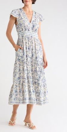 Max Studio Flutter Sleeve Maxi Dress in Cream/Blue Toile Mystique at Nordstrom Rack, Size X-Large
