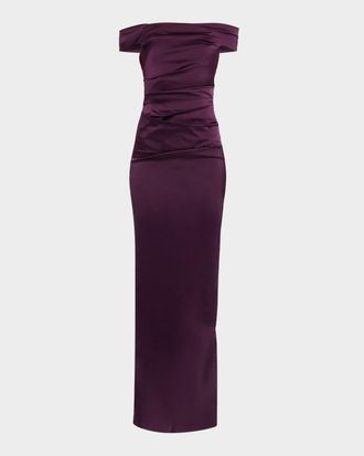 Teri Jon Off-Shoulder Satin Column Gown