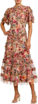 Mac Duggal Floral Flutter Sleeve Mesh Print Dress in Cream Multi at Nordstrom, Size 10