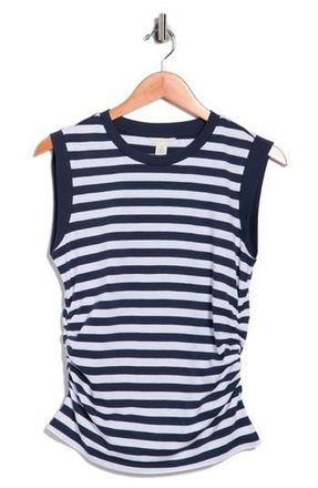 Caslon Side Ruched Cotton Blend Tank in Navy- White Charm Stripe at Nordstrom Rack, Size X-Large