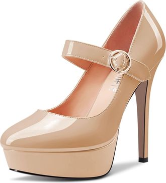 Castamere Women Stiletto High Platform Heel Round Toe Mary Jane Pumps Court Shoe Slip-on Classic Cute Dress 13 CM Heels Beige 9 UK