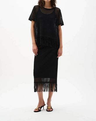 Joseph Ribkoff Fringe Trim Sweater Knit Top In Black