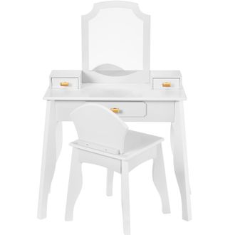 Best Choice Products Best Choice Kids Wooden Pretend Play Vanity and Chair Set w/ Mirror - Little Girls Makeup Table with 3 Drawers