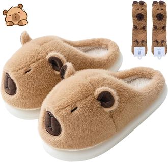 Generic Capybara Slippers for Women and Men, Plush Fluffy Cotton Slippers for Indoors and Outdoors, Warm, Non-Slip, Soft Winter Slippers ( A,10-10.5)