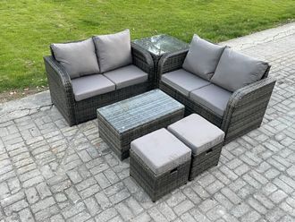 Fimous Outdoor Lounge Sofa Set Rattan Garden Furniture Set with Rectangular Coffee Table 2 Small Footstools Side Table Dark Grey Mixed
