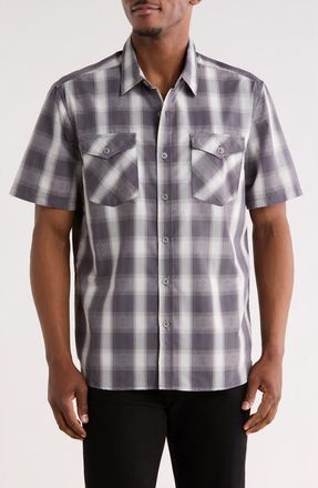 Frye Plaid Short Sleeve Dobby Button-Up Shirt in Grey at Nordstrom Rack, Size X-Large