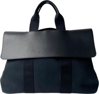 Herm&egrave;s Black Navy Canvas Leather Tote Bag (Pre-Owned)