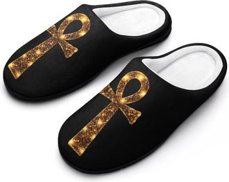 Generic Golden Egyptian Ankh Symbol Mens Slippers Memory Foam Winter Warm Sandals Slip On House Shoes Size 7-14