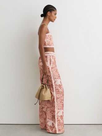 Reiss Pale Pink Linen Wave-trim Printed Wide-leg Trousers, 12L