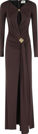 Elisabetta Franchi Brown Long V-Neck Side-Jewel Viscose Evening Dress