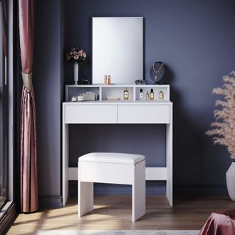 Elegant Lighting Elegant - Dressing Table, Vanity Makeup Table with 3 Open Compartments and 2 Drawers, White Dresser Set with Stool + 3 Color led Lights